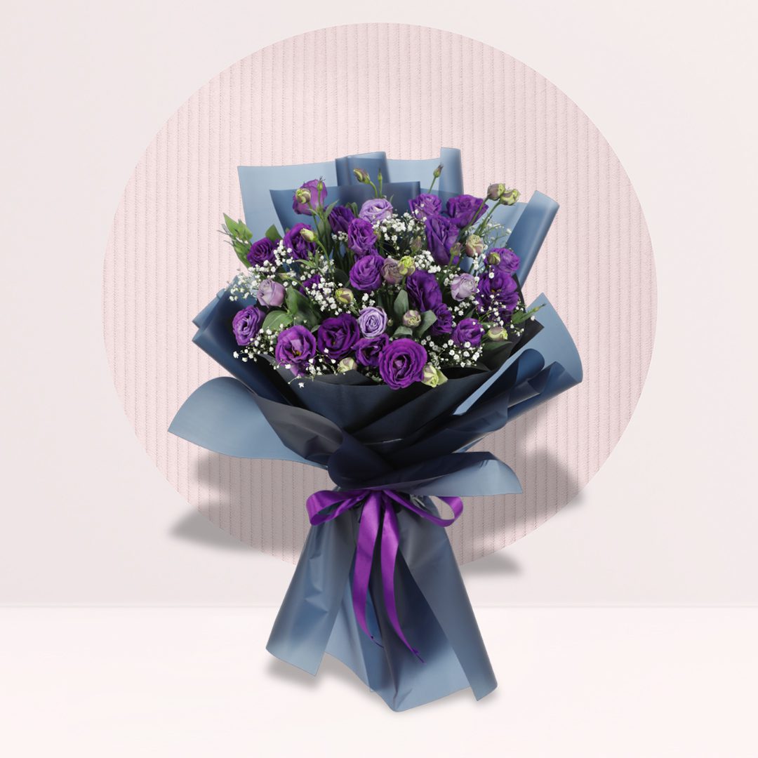 Bouquet Deep purple lisianthus bouquet with baby’s breath, greenery and dark blue wrapping