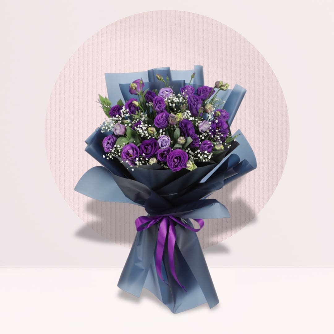 Bouquet Deep purple lisianthus bouquet with baby’s breath, greenery and dark blue wrapping