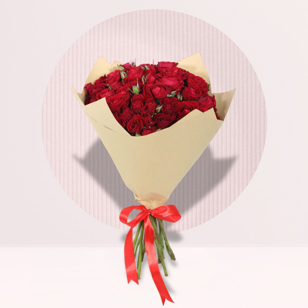 10s Ruby red rose and spray rose hand bouquet with kraft wrapping