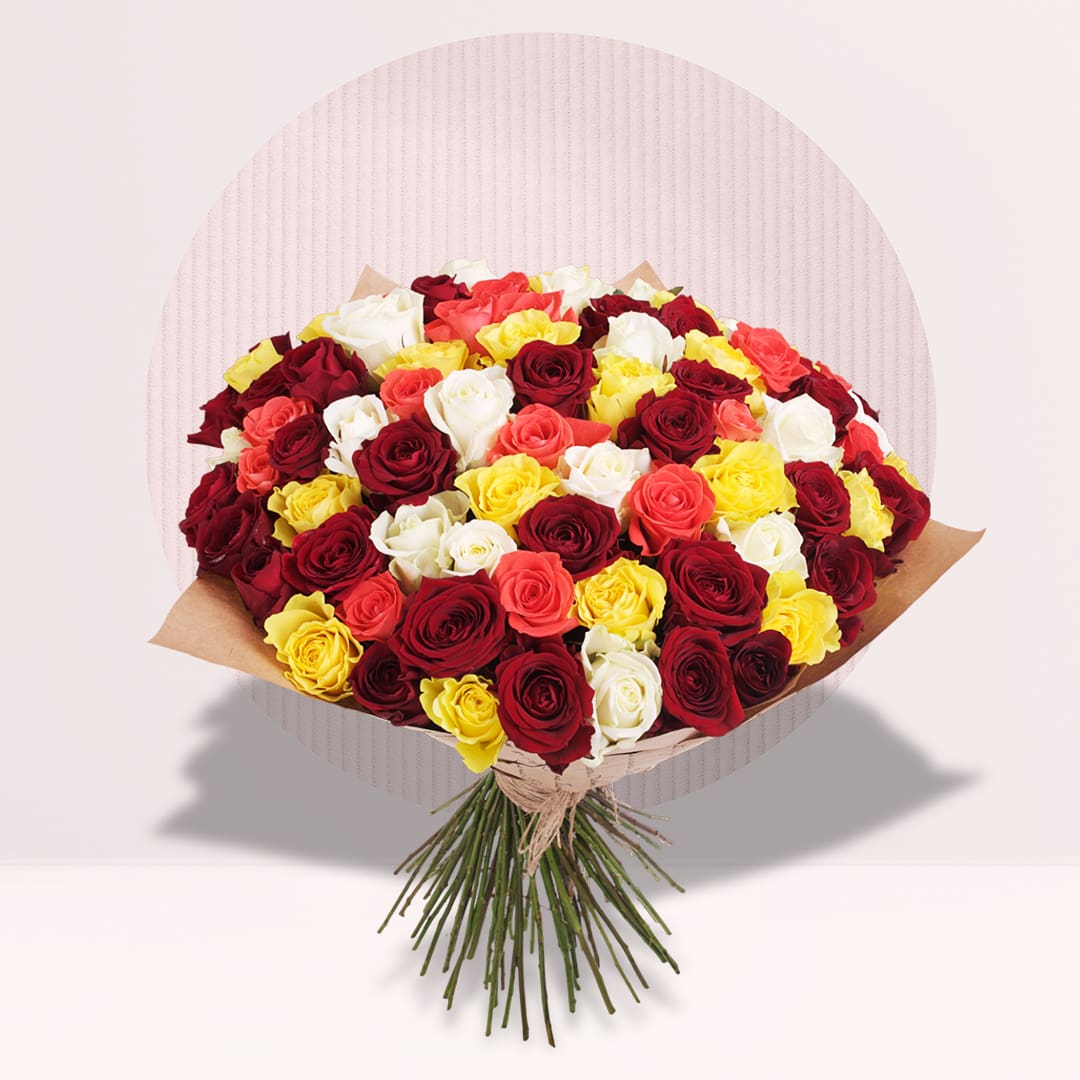 11 (4) 65–70 red yellow white and orange mixed rose bouquet