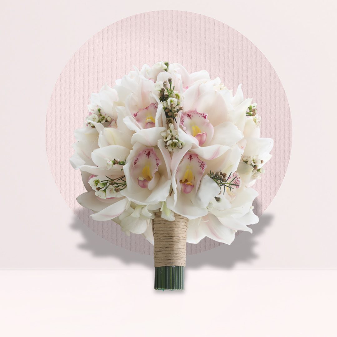 Bouquet White cymbidium bridal bouquet with wax flower accents and a neatly wrapped handle.