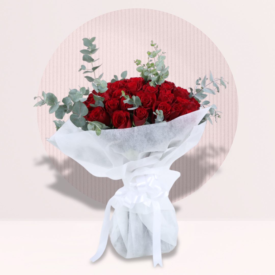 15 22 red roses bouquet with eucalyptus in white wrapping
