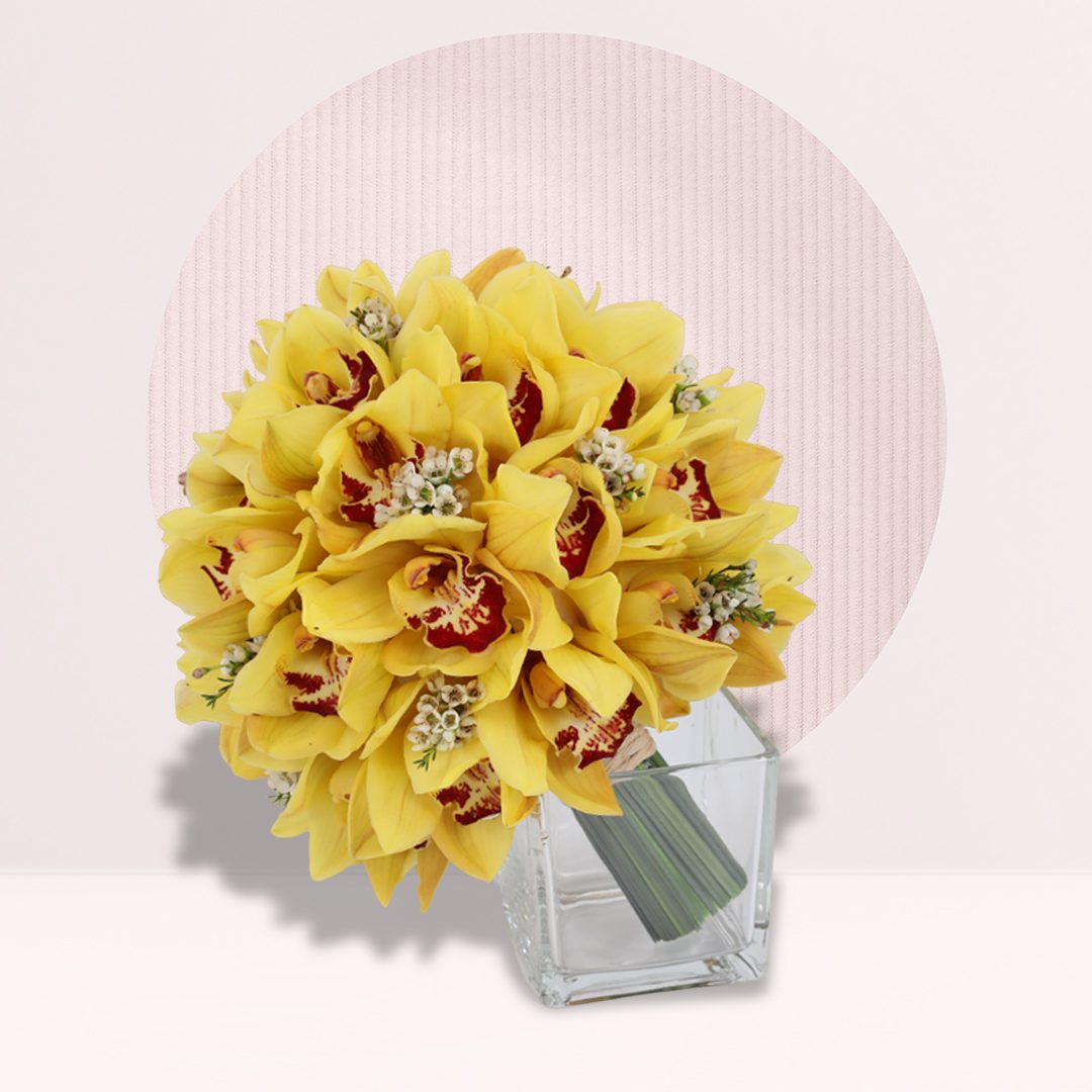 2 (77) Yellow cymbidium orchid bouquet with red centres and delicate white fillers