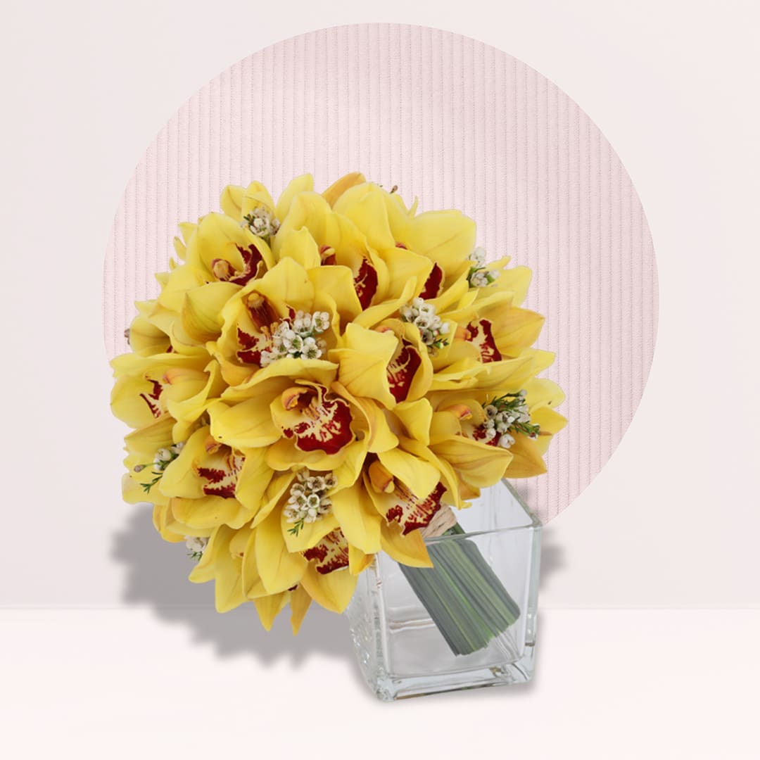 2 (77) Yellow cymbidium orchid bouquet with red centres and delicate white fillers