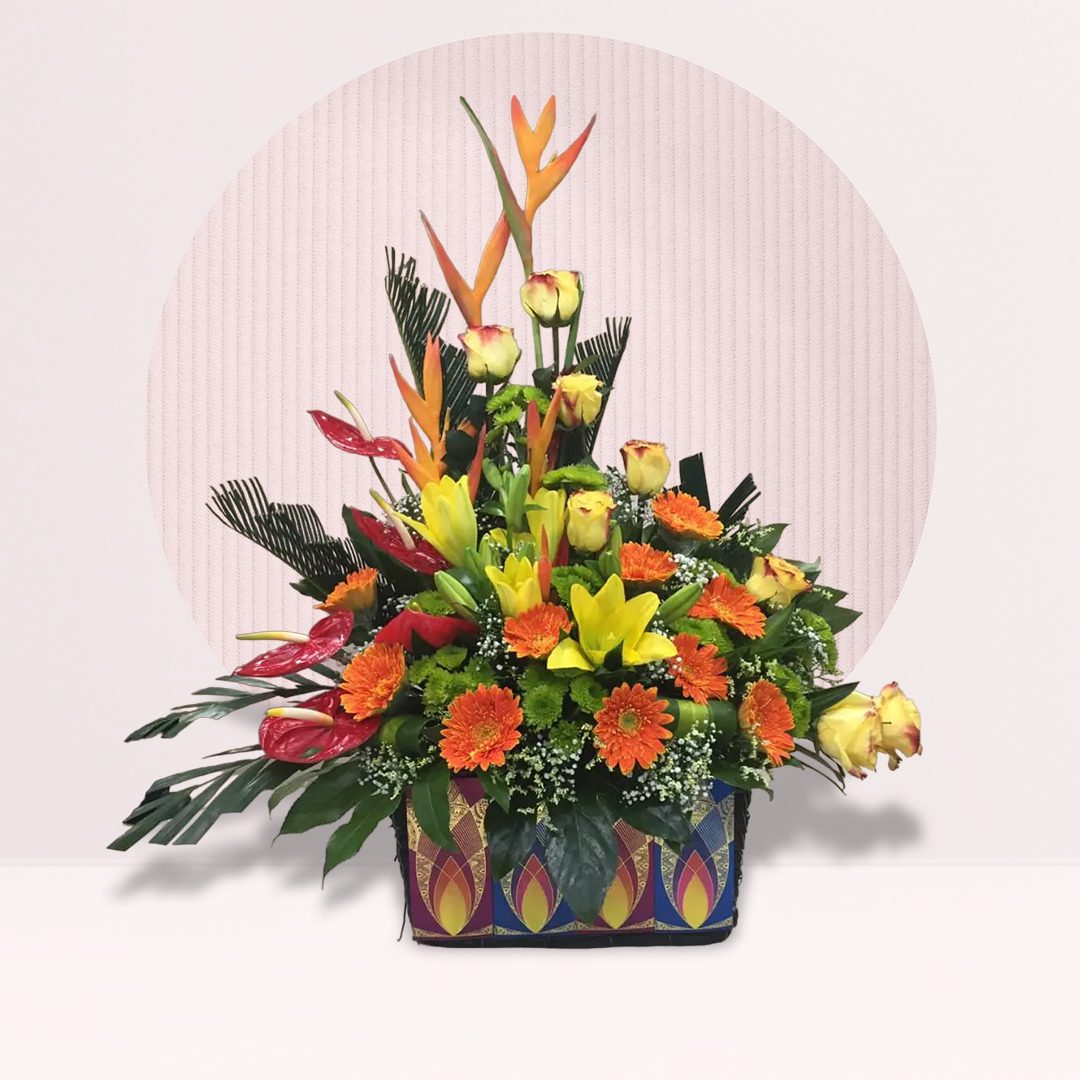 3 (30) Yellow tiger lily orange gerbera rose basket with bird of paradise and greenery