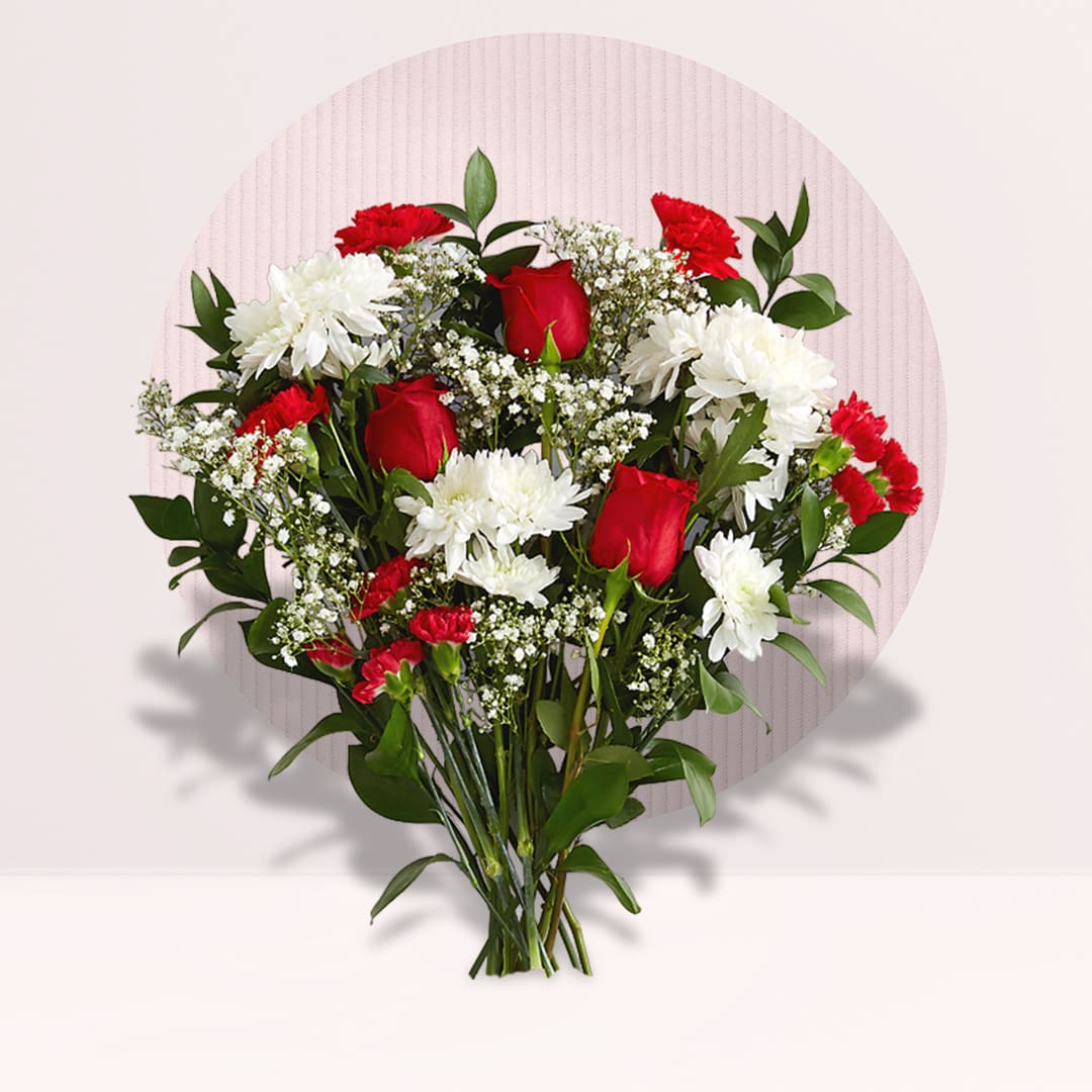 3 (34) red and white rose chrysanthemum bouquet with gypsophila and seasonal greenery