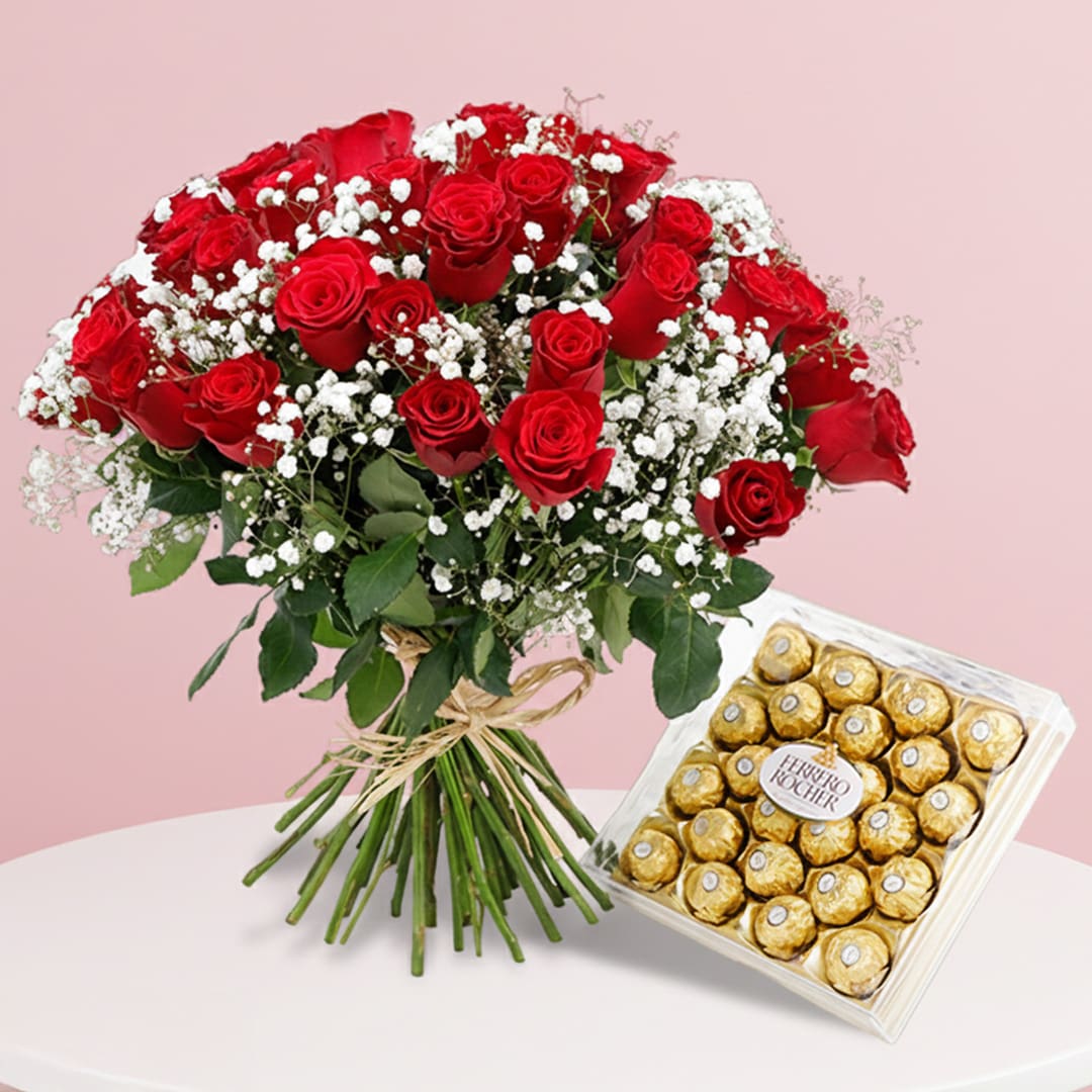 Bouquet of 25 Red Roses with Ferrero Rocher-01-25 A bouquet of pink roses arranged in a paper bag alongside a piece of chocolate, creating a charming gift display.