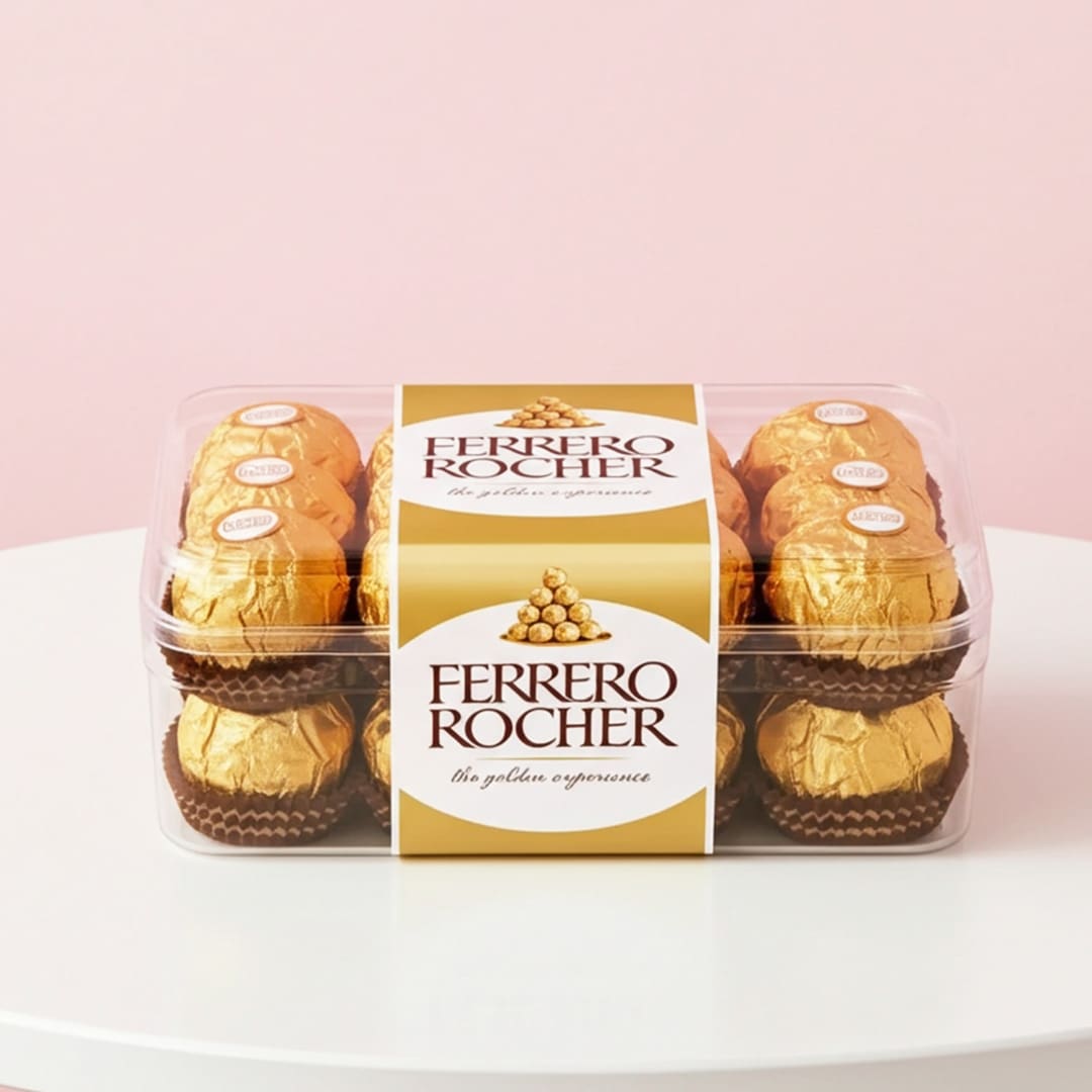 Ferrero Rocher Chocolate Ferrero Rocher hazelnut chocolates in a clear rectangular gift box.