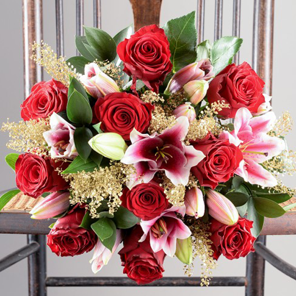 Magical Lilly Bouquet of pink Lilies and Red Roses.