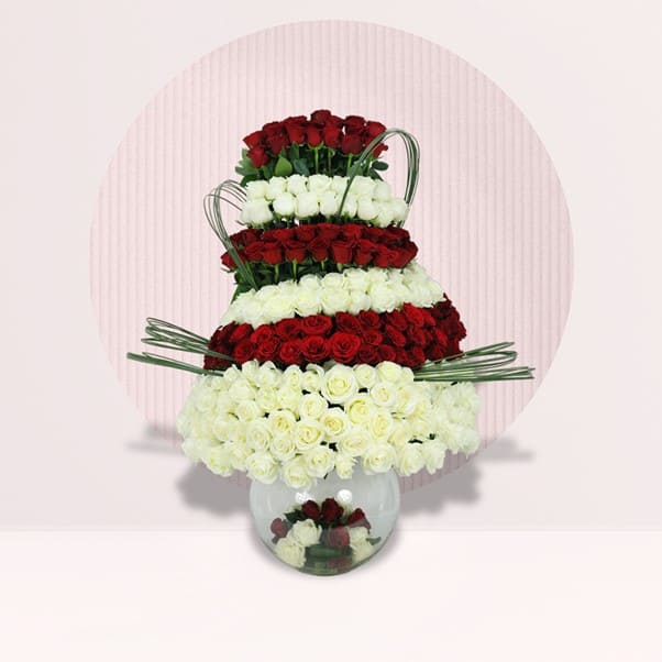 Picture1 (1) Tiered glass vase arrangement with 70 red roses and 70 white roses.