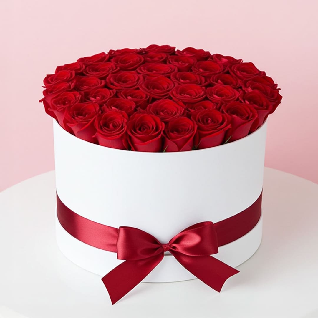 White Box of Red Roses-023 A white box adorned with vibrant red roses on top, creating an elegant floral display.