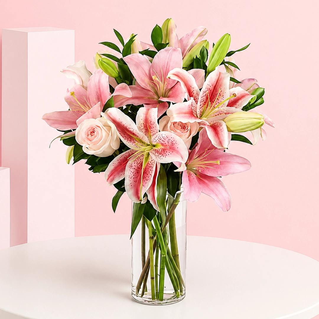 stargazer-pink-illy-rose-vase_2026 A clear vase holds pink stargazer lilies and light pink roses, creating an elegant floral arrangement.