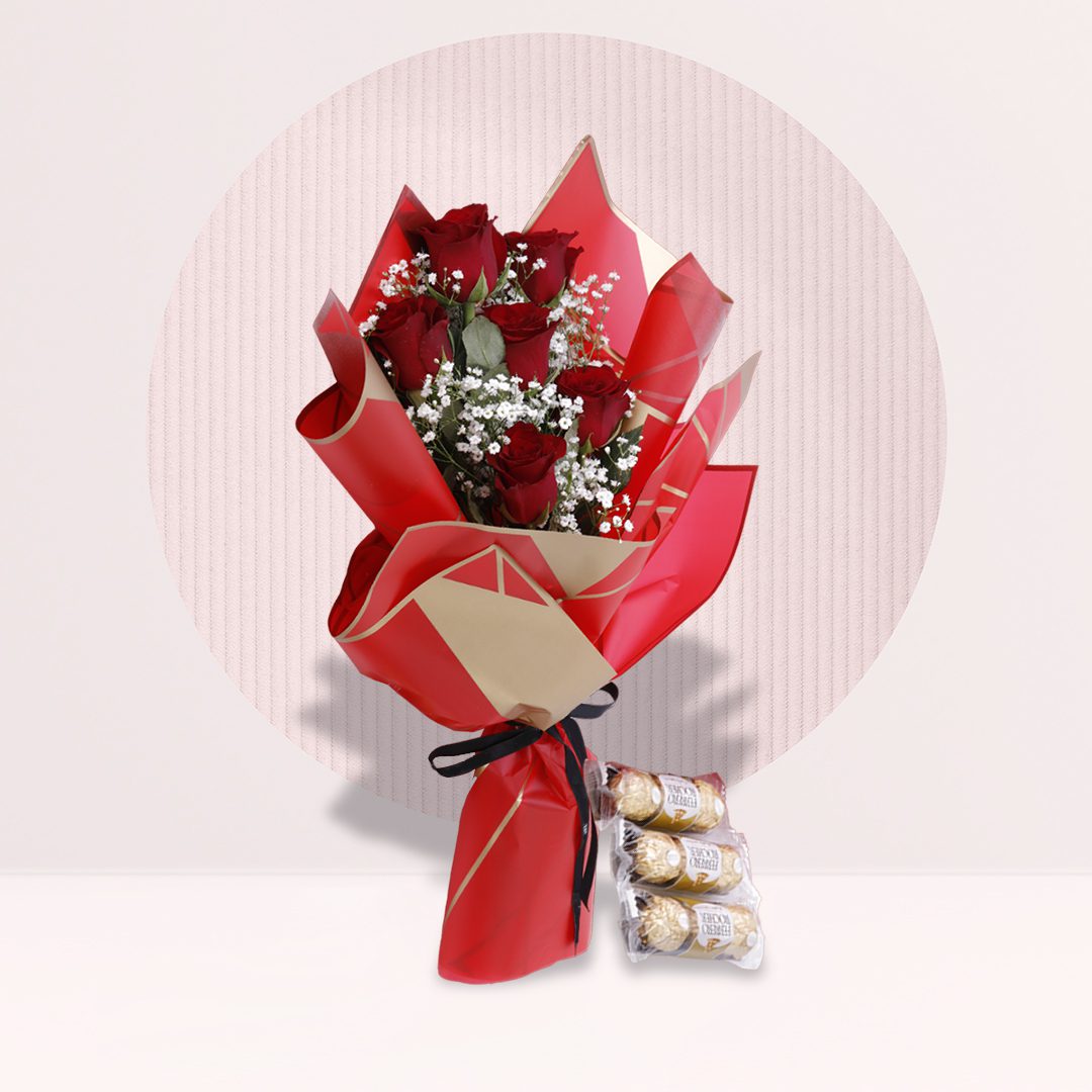 4 (18) Red roses bouquet with baby’s breath and Ferrero Rocher chocolates