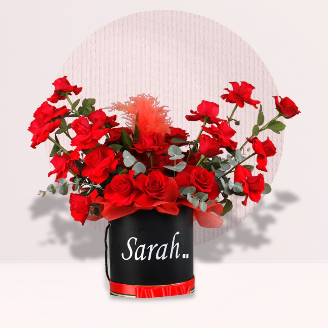 5 red rose flower box with eucalyptus in black hat box