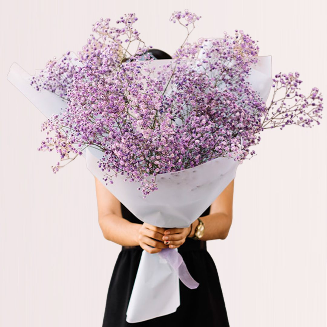1 (82) Violet baby’s breath bouquet with delicate purple blooms and elegant wrapping