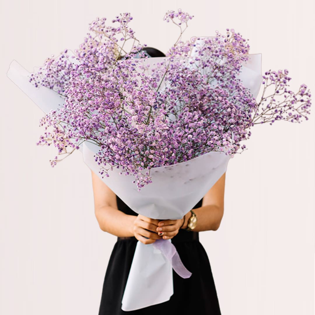 1 (82) Violet baby’s breath bouquet with delicate purple blooms and elegant wrapping