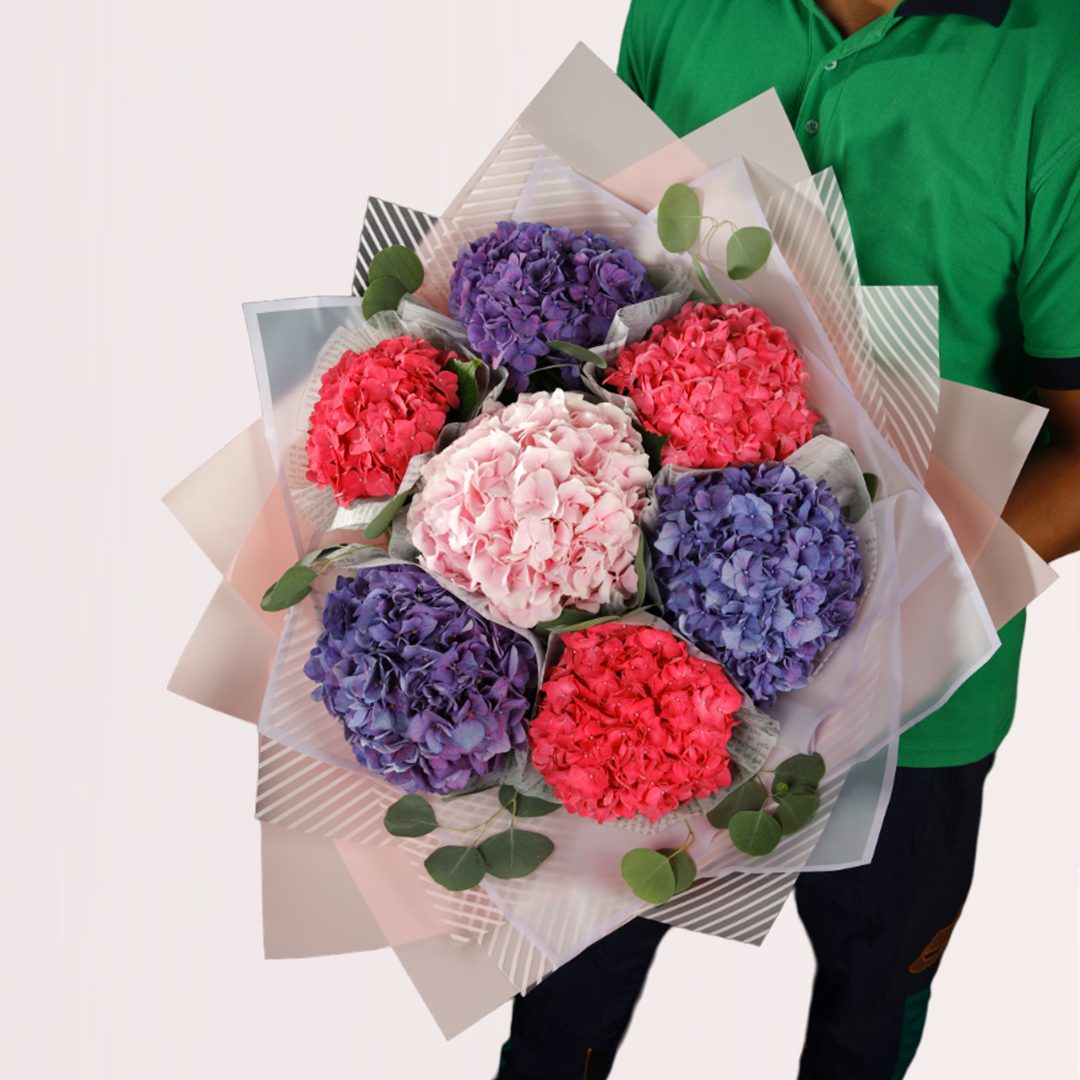 5s Berry violet and blush hydrangea bouquet with eucalyptus and elegant layered wrapping