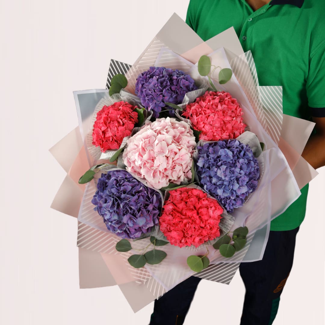 5s Berry violet and blush hydrangea bouquet with eucalyptus and elegant layered wrapping