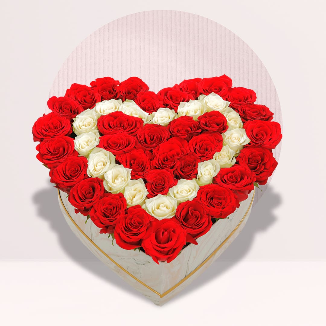 Heart Shap Rose Box Red and ivory white roses arranged in a double heart-shaped flower box