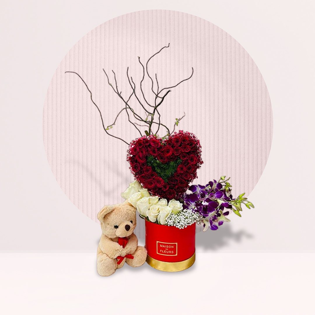 1 (77) Red rose heart flower box with white roses, purple orchids and teddy bear
