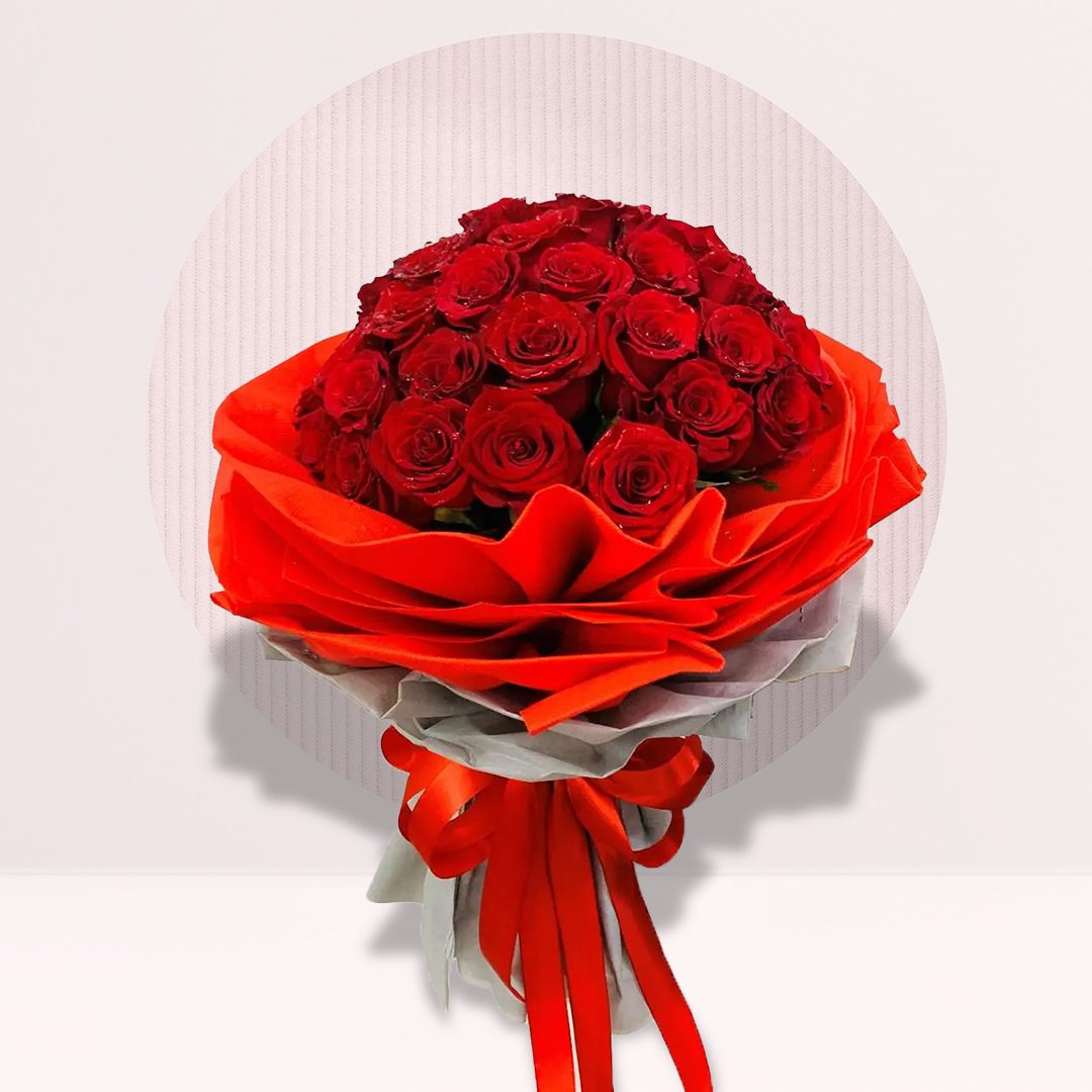 15 (4) 20 red roses bouquet in red wrapping with ribbon