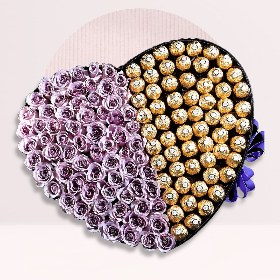 2 (12) Purple roses and Ferrero Rocher chocolates arranged in a black heart-shaped box
