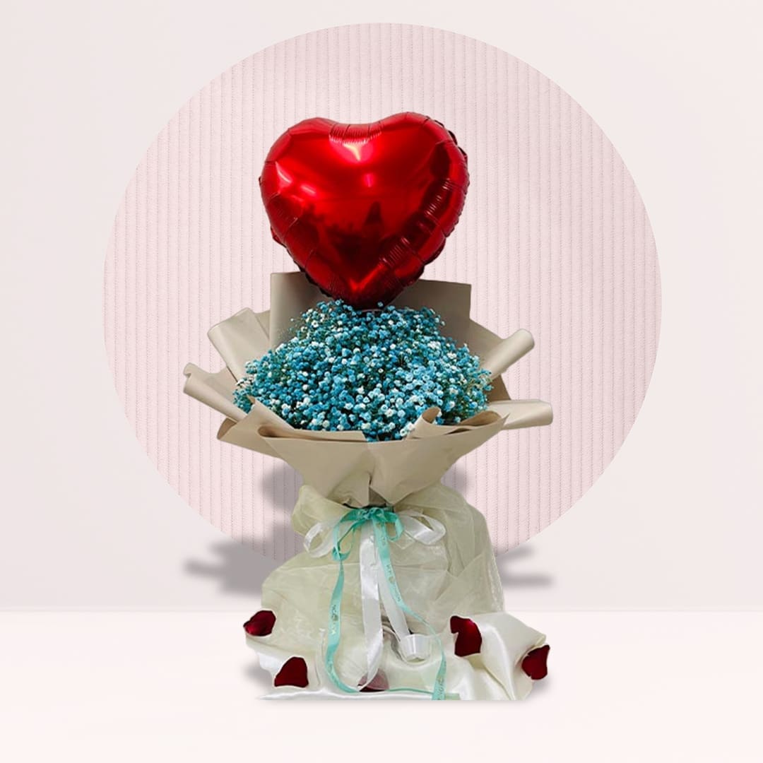 Bouquet Blue gypsophila bouquet with red heart-shaped balloon and elegant wrapping.