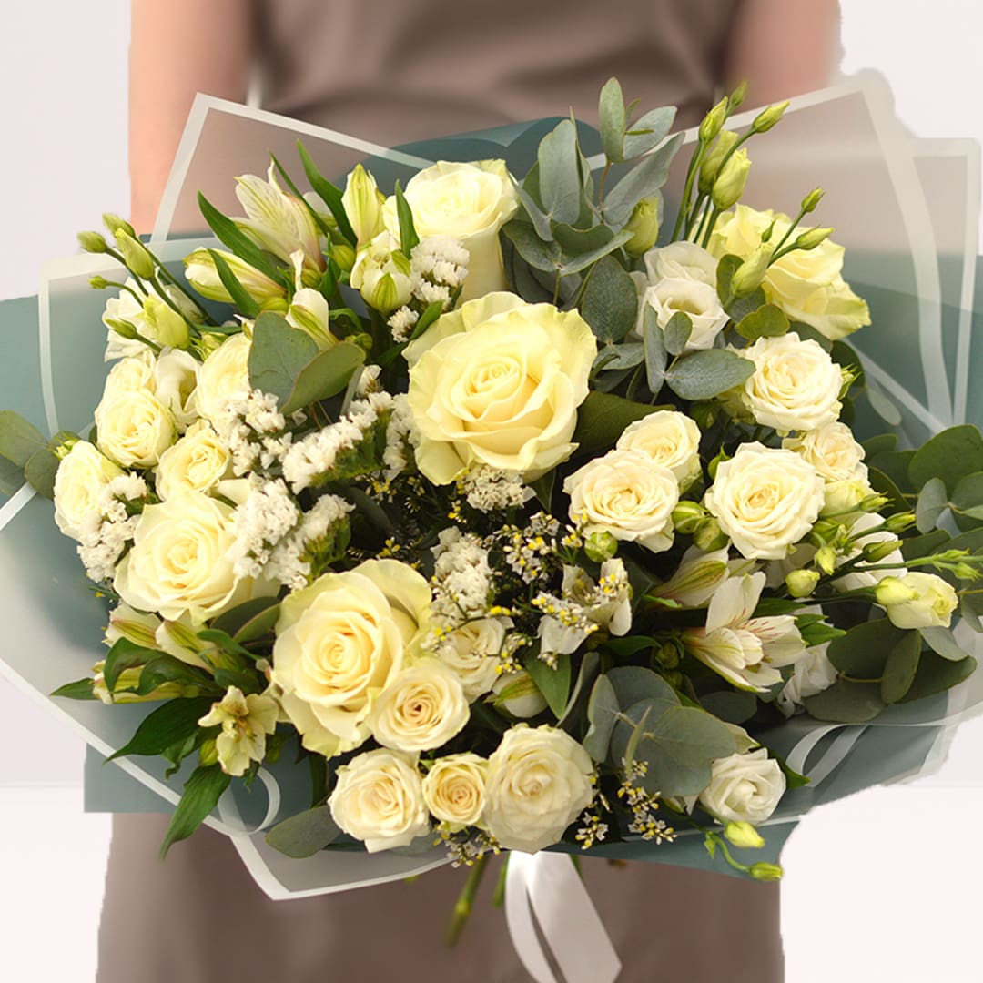 White Roses Bouquet Ivory white rose mixed flower bouquet with eustoma, alstroemeria and eucalyptus