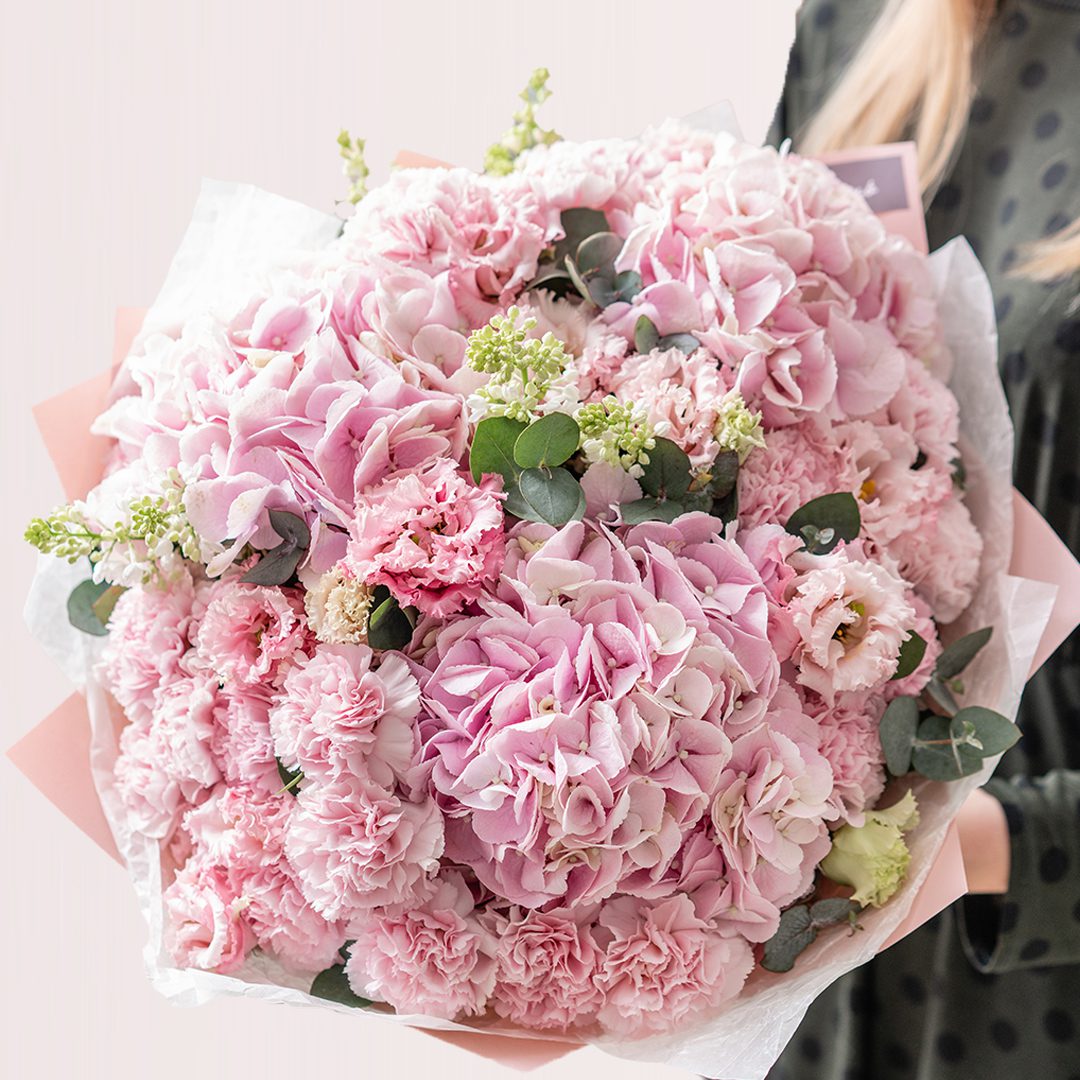 Astonishing Pink Bouquet Blush pink hydrangea and carnation bouquet with eucalyptus and greenery