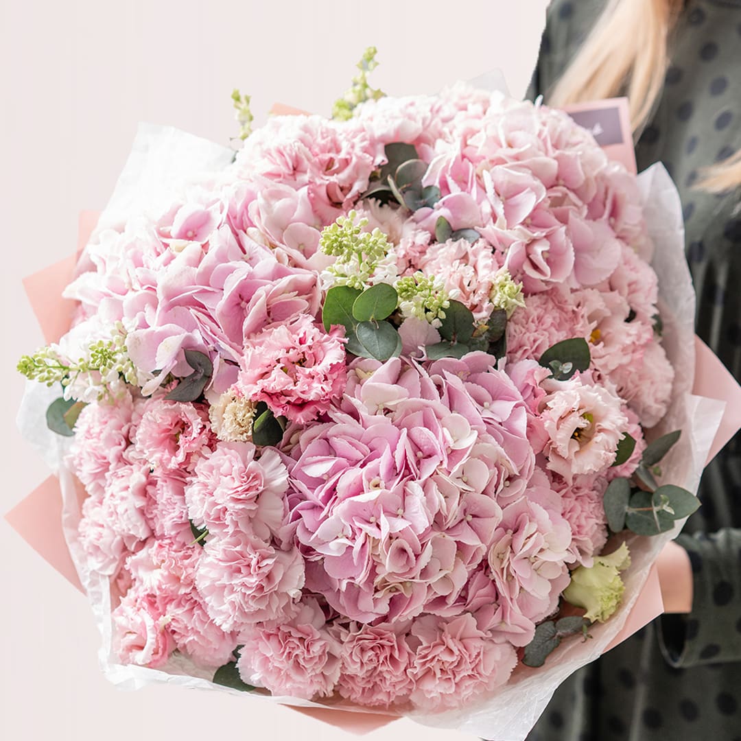 Astonishing Pink Bouquet Blush pink hydrangea and carnation bouquet with eucalyptus and greenery