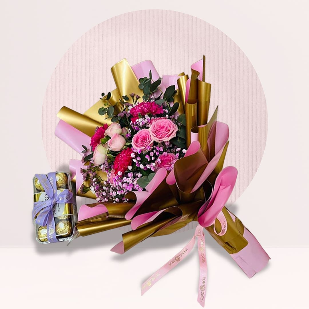 8 (6) Blush pink rose carnation bouquet with Ferrero Rocher chocolates and eucalyptus