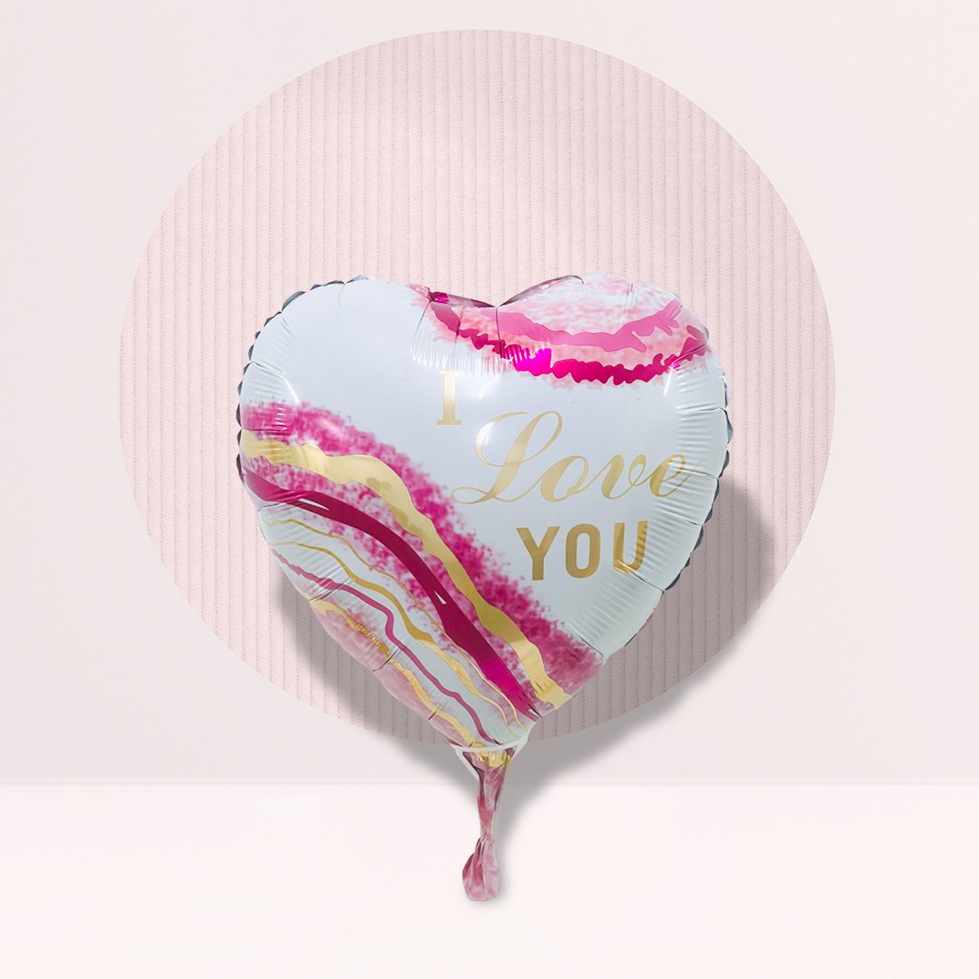 IMG_1261 Pink and gold marble-print heart foil balloon with "I Love You" gold script text, on a pink background