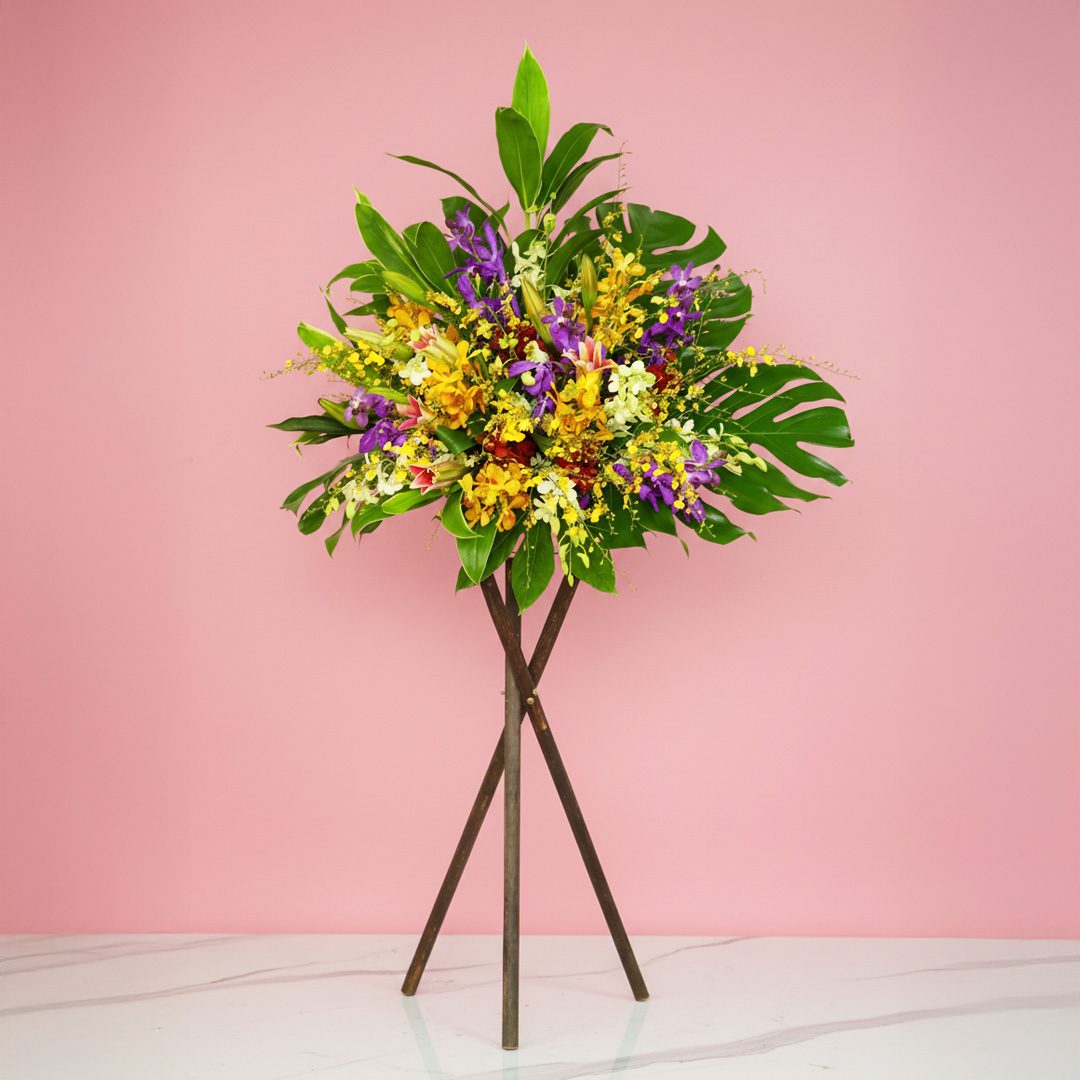 blushing-blessings-25 Orchid and Casa Blanca lily grand opening flower stand