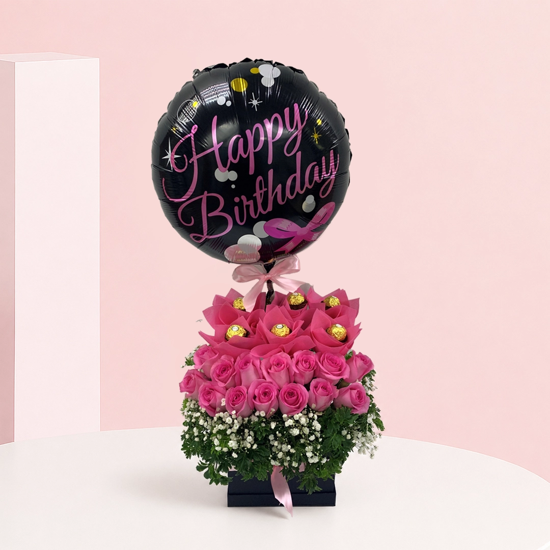 dreamy-pink-rose_2026 Pink rose birthday flower box with Ferrero Rocher chocolates and Happy Birthday balloon