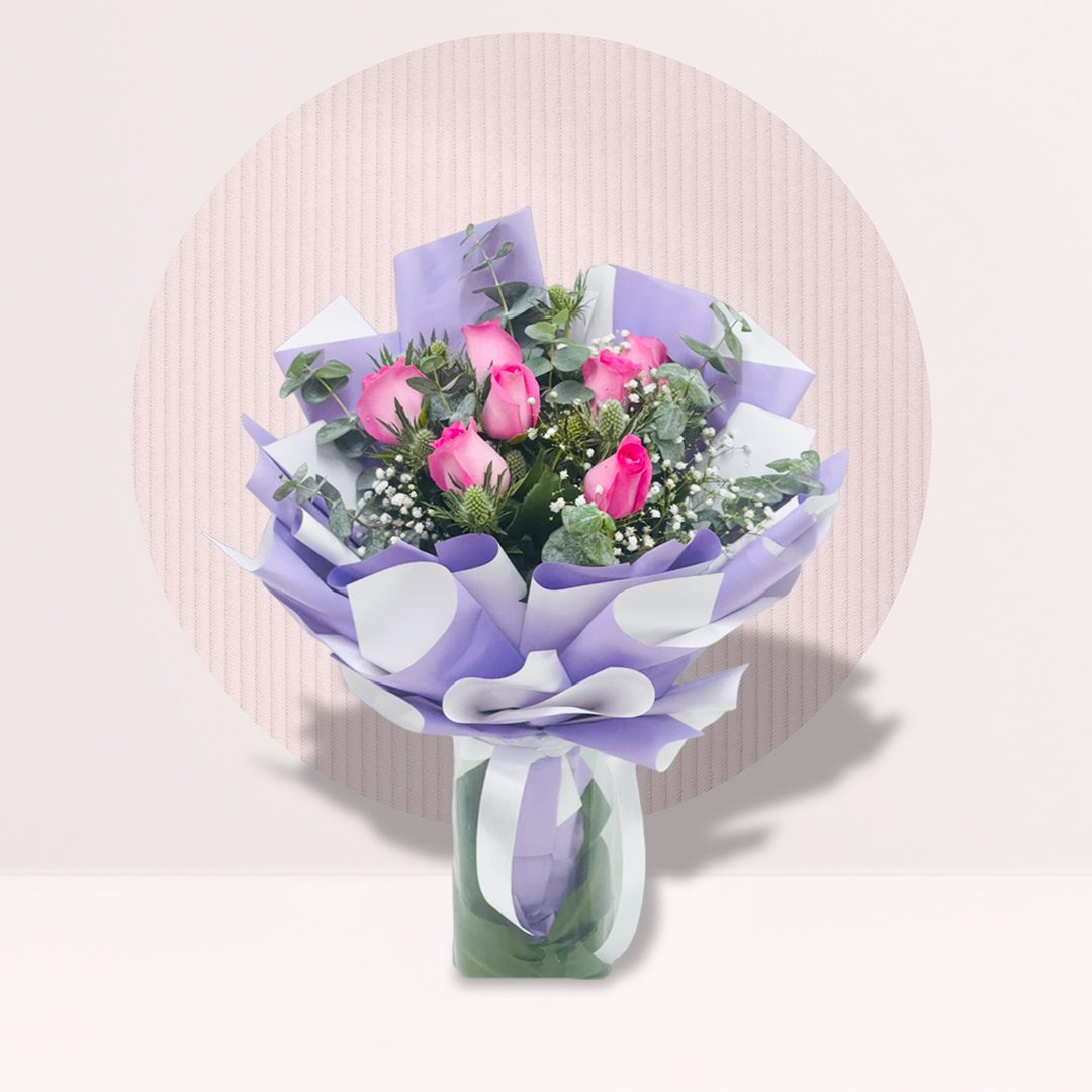 IMG_1341 Pink rose bouquet with baby’s breath in lavender wrapping