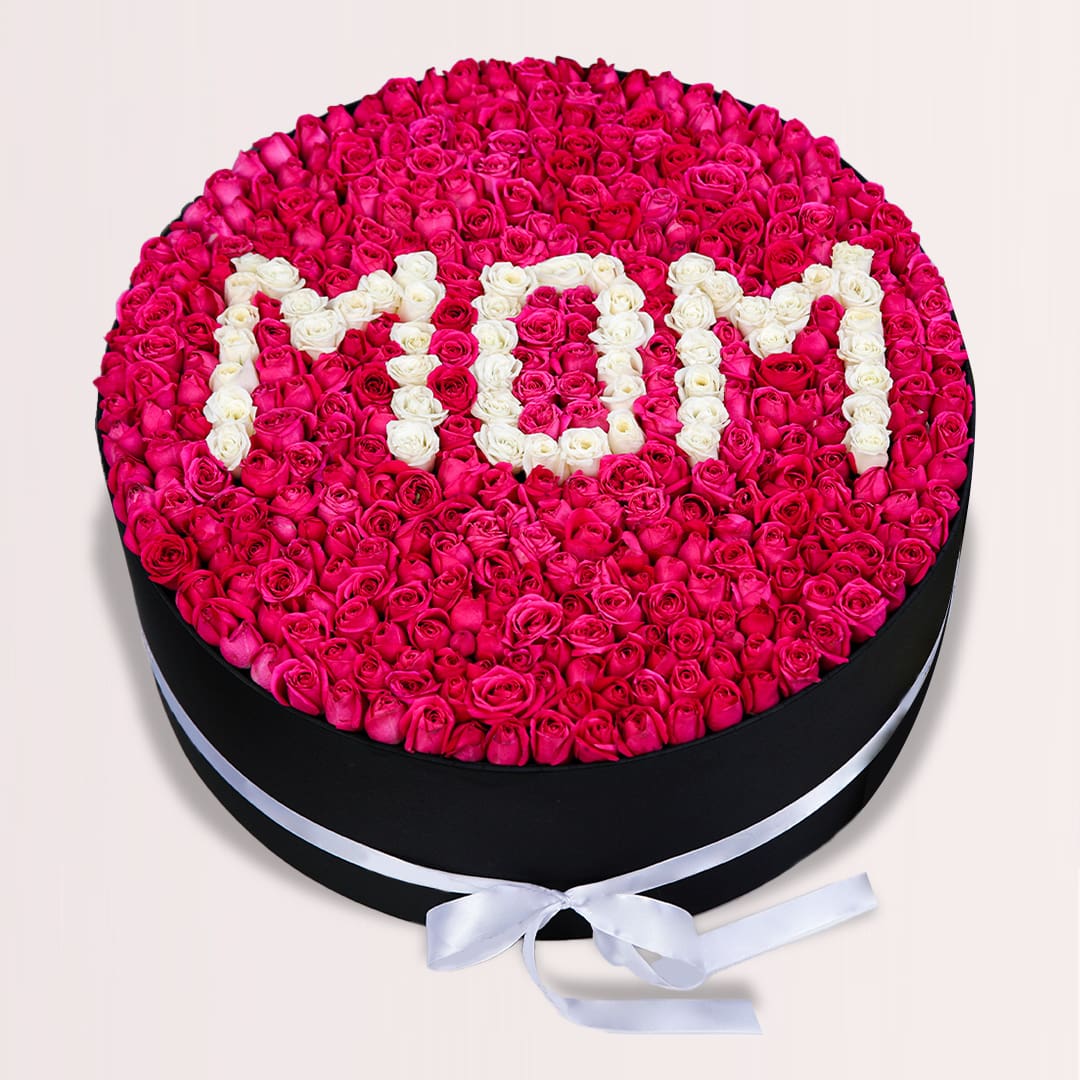 1 (90) 100 pink rose flower box with white roses spelling MOM
