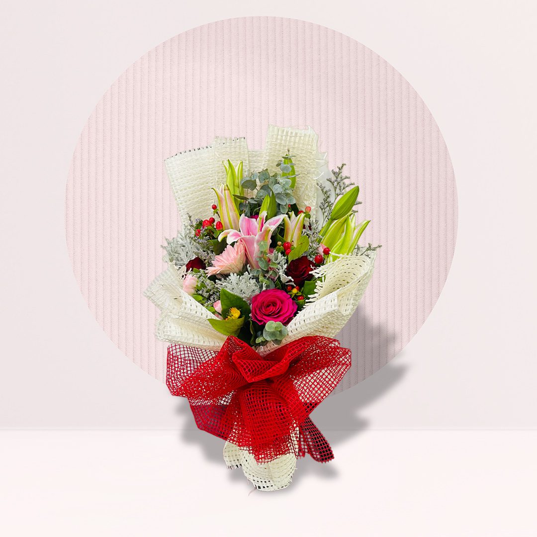 IMG_2039 Pink rose and lily mixed flower bouquet with gerberas and greenery