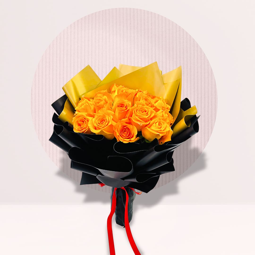 IMG_2507 Yellow rose bouquet wrapped in black and gold paper