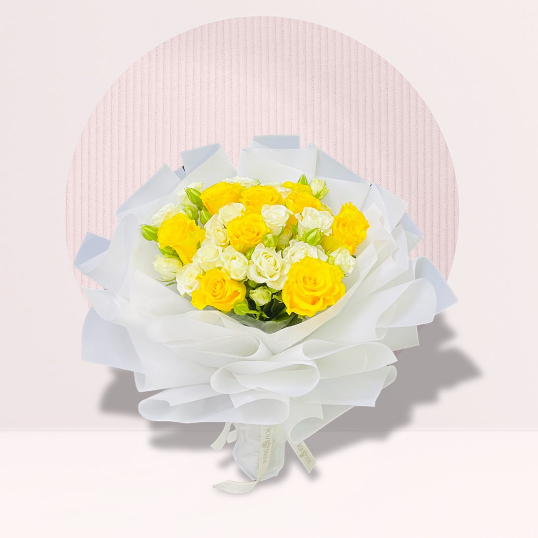 IMG_2531 Yellow and white rose bouquet with white spray roses in elegant wrapping