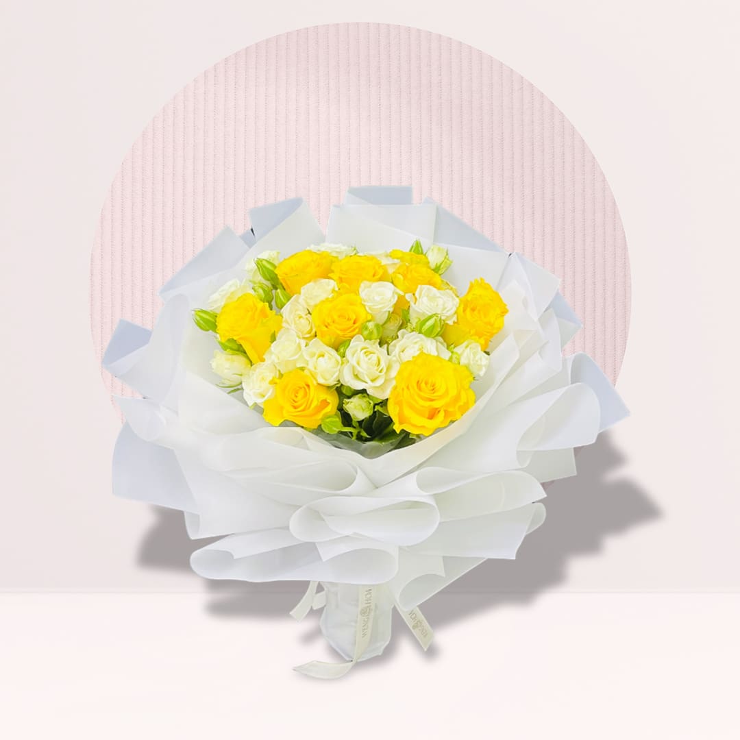 IMG_2531 Yellow and white rose bouquet with white spray roses in elegant wrapping