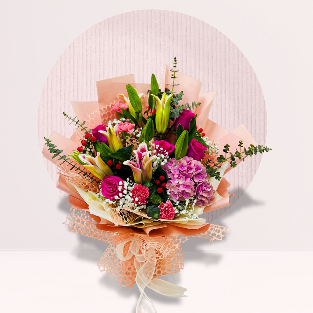 39 Pink lily carnation bouquet with roses, hydrangea, baby’s breath and eucalyptus