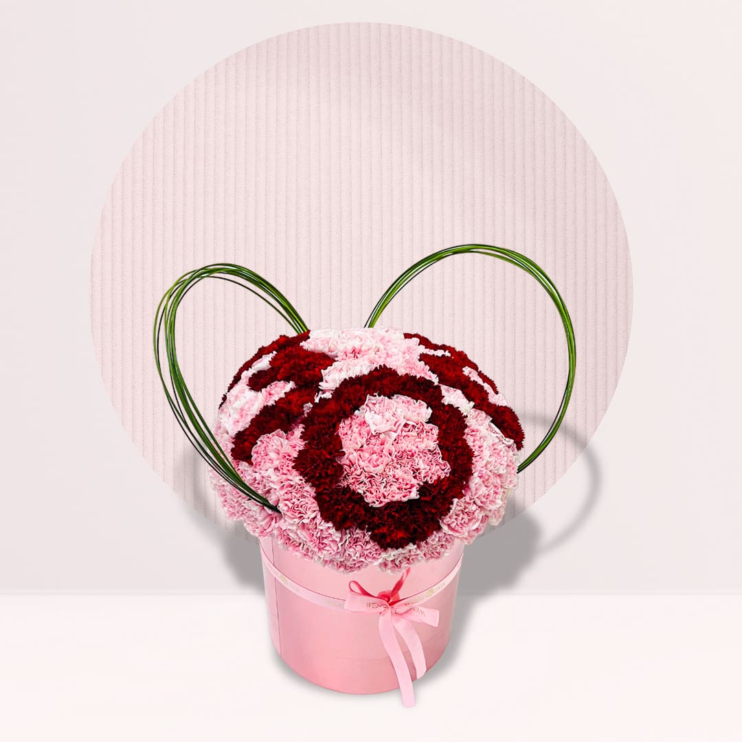 40 Red and pink carnation heart flower box with decorative greenery