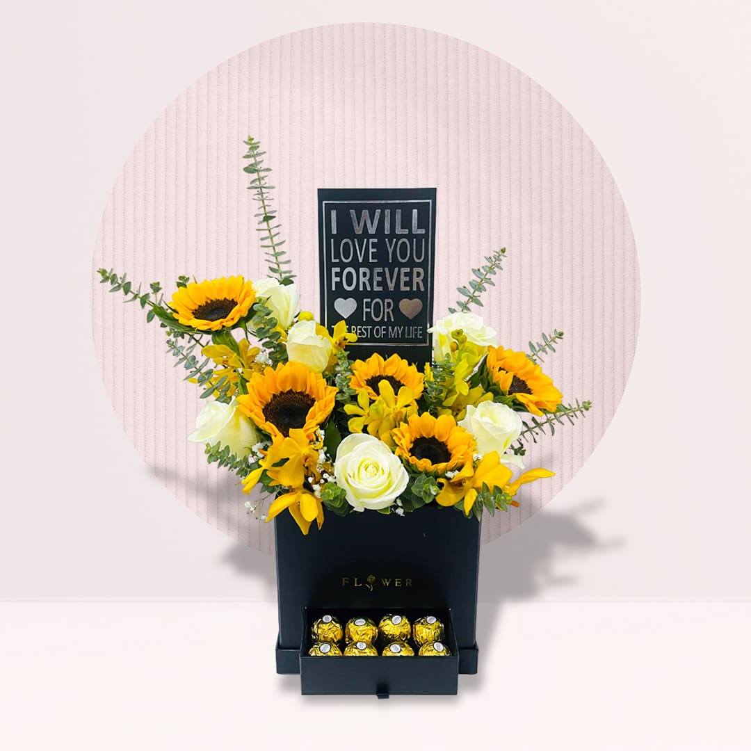 45 Sunshine flower box with sunflowers, white roses and Ferrero chocolates