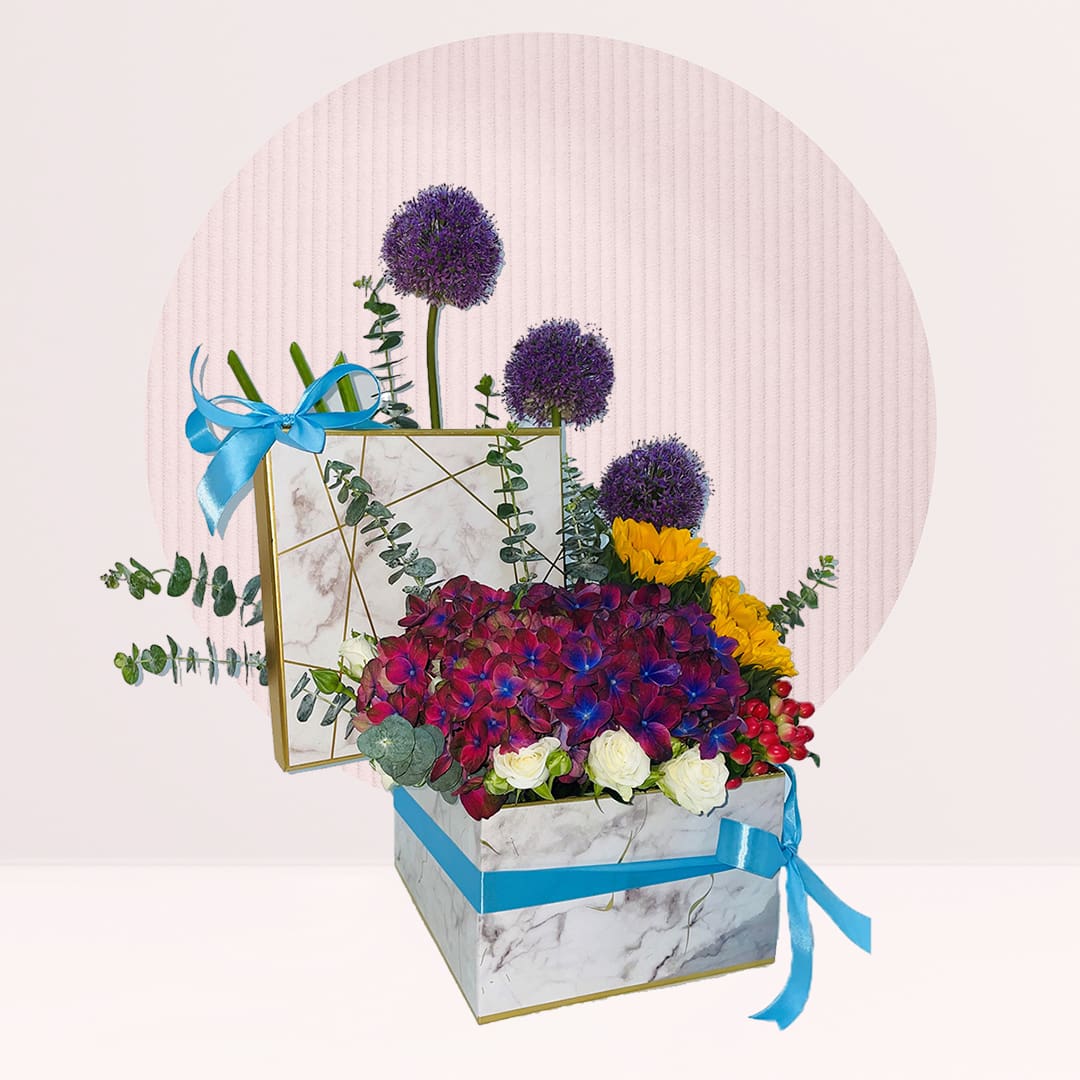 8 Purple hydrangea and yellow sunflower flower box with allium, white roses, berries and eucalyptus