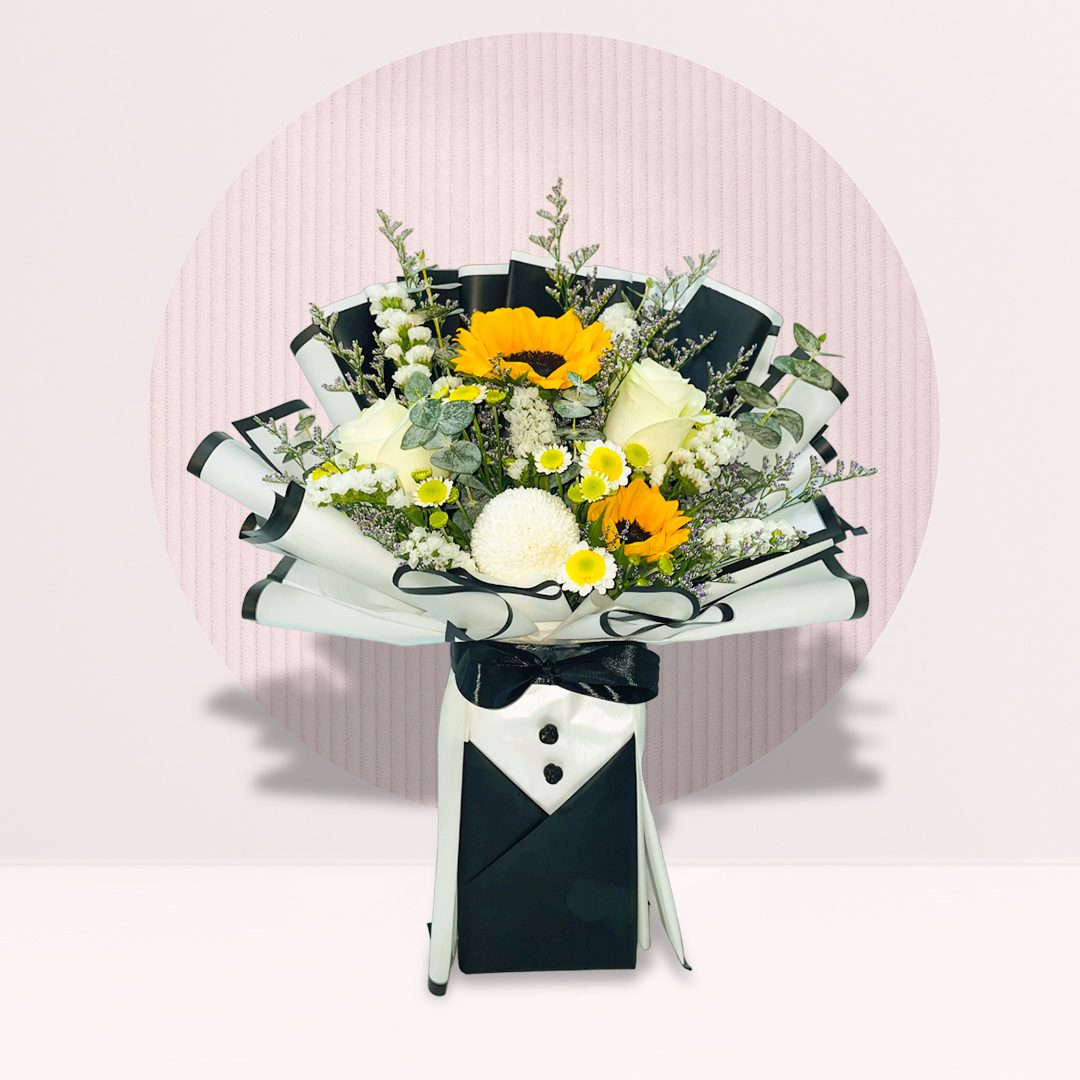 9 hite rose and sunflower bouquet with fillers in black and white tuxedo-style wrapping