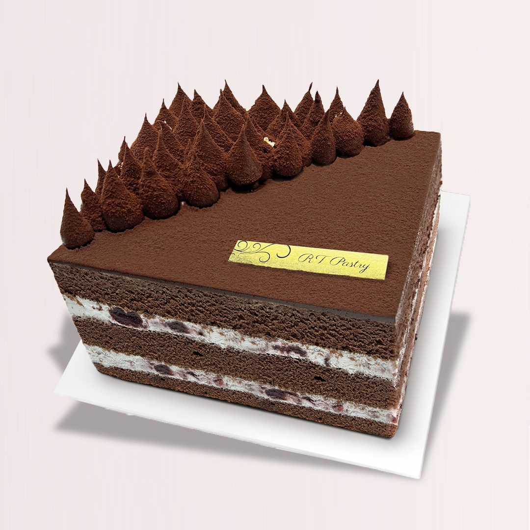 1 Chocolate cherry mirror cake with fresh cream and dark sweet cherries
