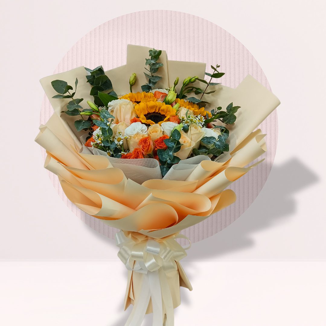 4 Yellow sunflower and cream orange rose bouquet with seasonal greenery