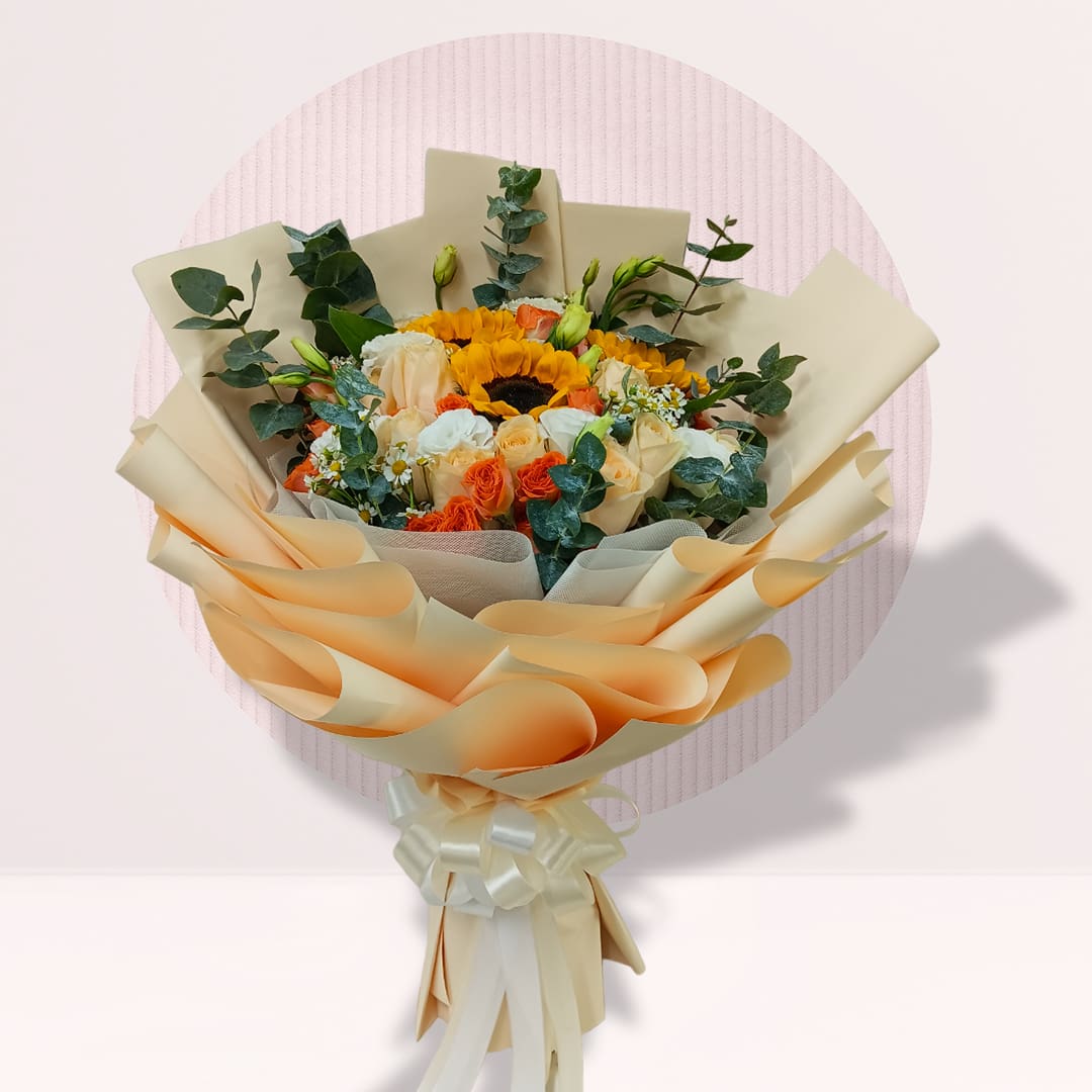 4 Yellow sunflower and cream orange rose bouquet with seasonal greenery