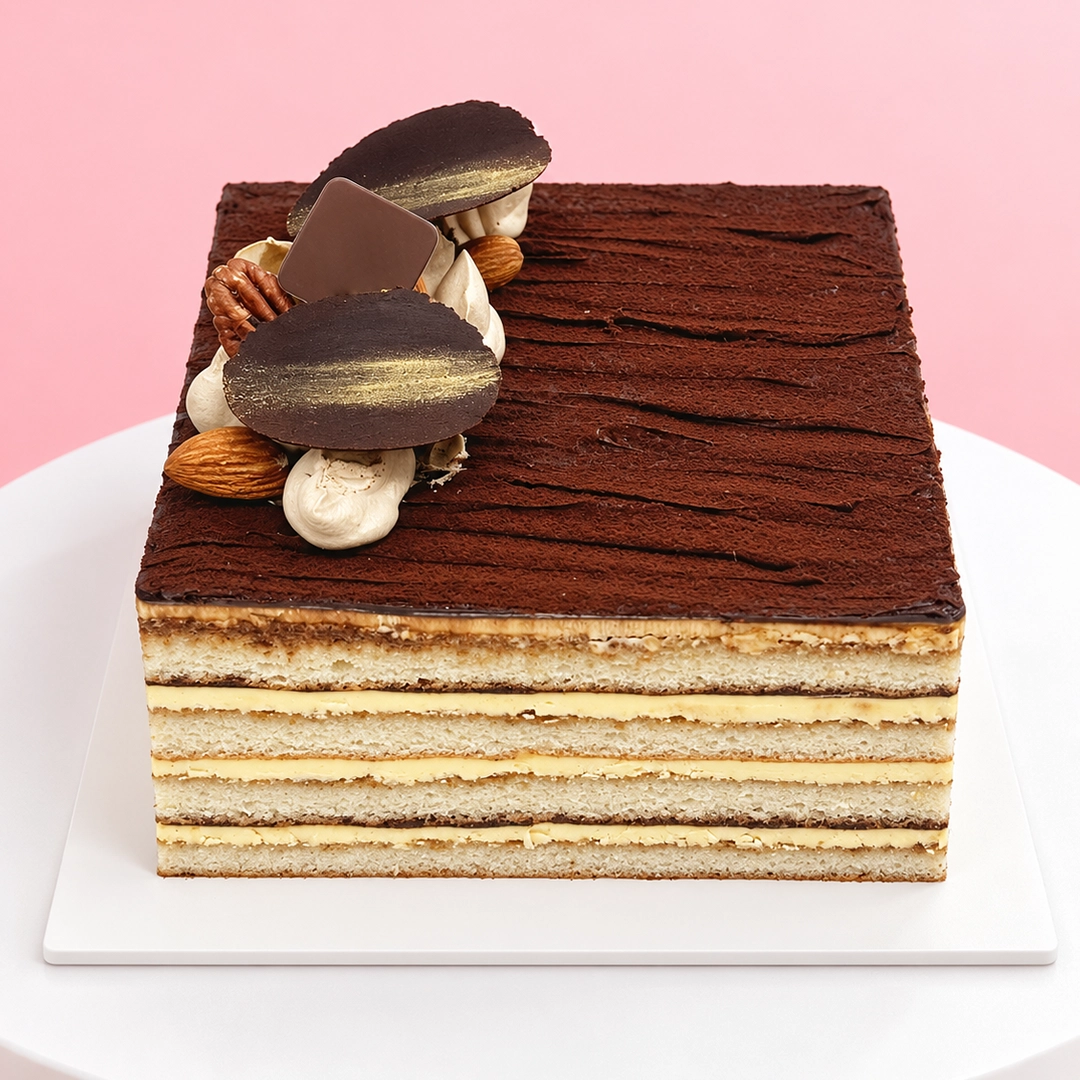 classic-opera-chocolate-cake_2026 Classic Opera chocolate cake with coffee and chocolate ganache layers