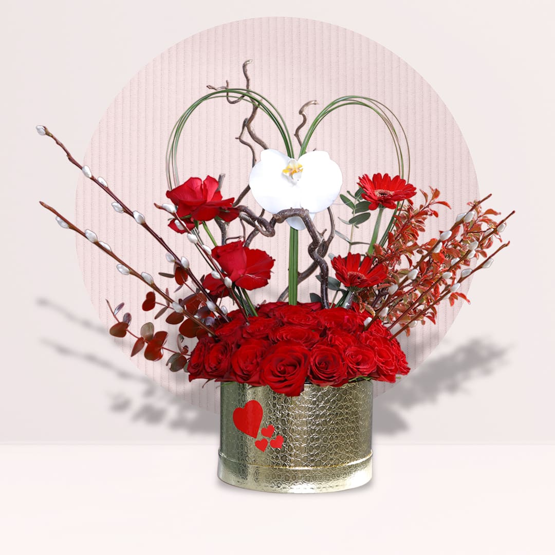 1 30 red roses with white Phalaenopsis orchid and red gerberas in gold flower box